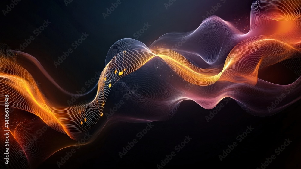 A high-contrast digital abstract background featuring golden music staves curving elegantly over a deep black gradient