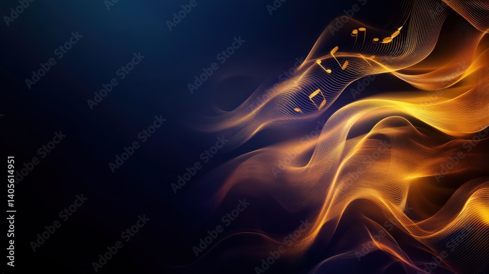 A high-contrast digital abstract background featuring golden music staves curving elegantly over a deep black gradient