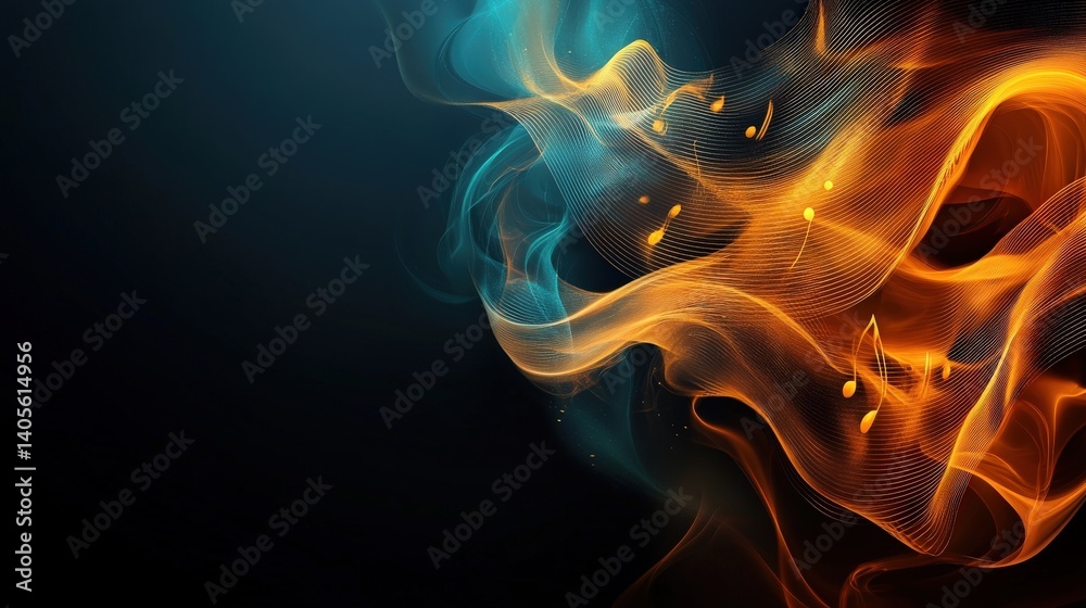 A high-contrast digital abstract background featuring golden music staves curving elegantly over a deep black gradient