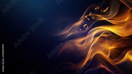 Obraz na płótnie A high-contrast digital abstract background featuring golden music staves curving elegantly over a deep black gradient w salonie