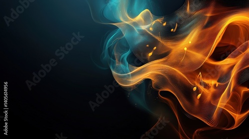Obraz na płótnie A high-contrast digital abstract background featuring golden music staves curving elegantly over a deep black gradient w salonie