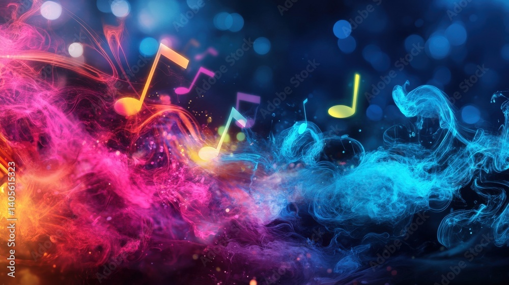 A high-energy DJ-inspired music background with vibrant neon musical symbols dancing across a dark club scene
