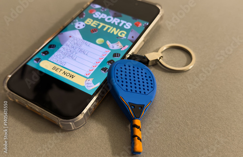 smartphone with application for sport bets and a padel racket, concept of online bets  photo