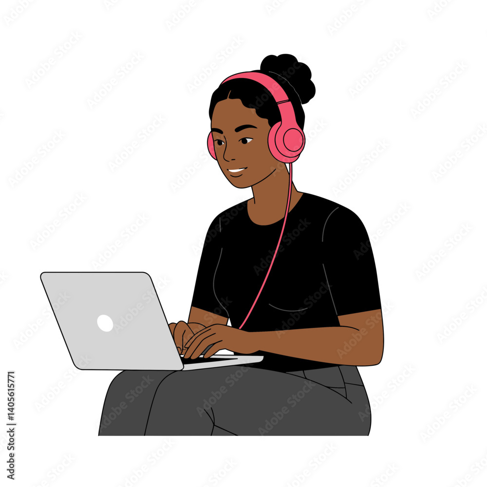 Woman Working with Headphones: An illustration of a focused woman with dark skin wearing headphones while working on a laptop computer, conveying the idea of productivity, focus. Woman Working with Headphones: An illustration of a focused woman with dark skin wearing headphones while working on a laptop computer, conveying the idea of productivity, focus.