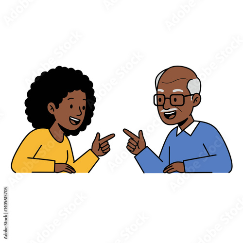 Shared Laughter and Connection: A close-up illustration of two individuals sharing a moment of joy, their fingers pointed in a shared acknowledgment or lighthearted banter.
