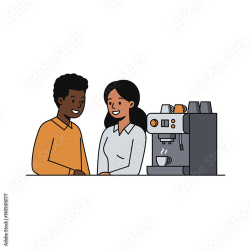 Coffee Break Chat: A delightful scene unfolds as two individuals engage in a warm conversation near a modern espresso machine, hinting at a moment of camaraderie and shared enjoyment.