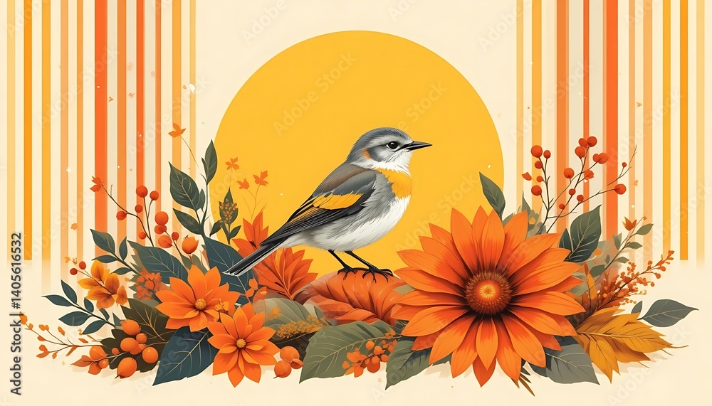 Fototapeta premium Autumn bird Illustration with Sunflower and Berries