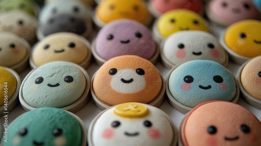 Colorful Array of Smiling Macarons with Cute Faces in Various Pastel Shades Colorful Array of Smiling Macarons with Cute Faces in Various Pastel Shades