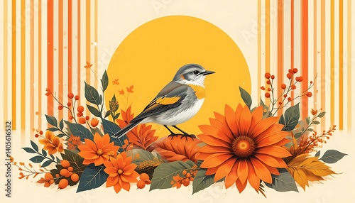 Autumn bird Illustration with Sunflower and Berries