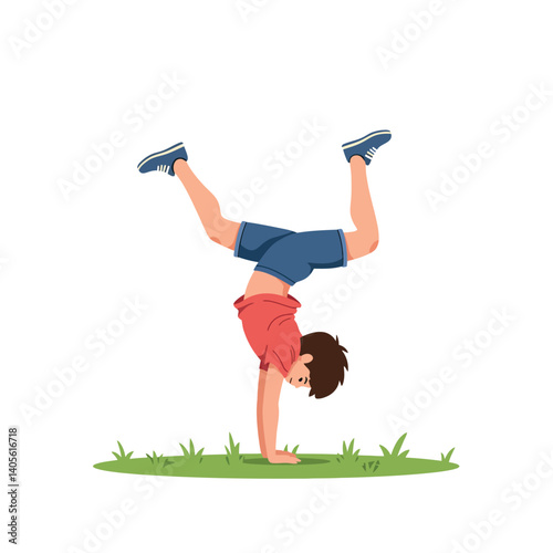 Child performing a handstand on green grass in a playful, minimal vector illustration capturing joy and energy in an outdoor setting