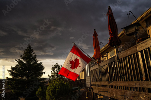 Canada flag hanging on the deck