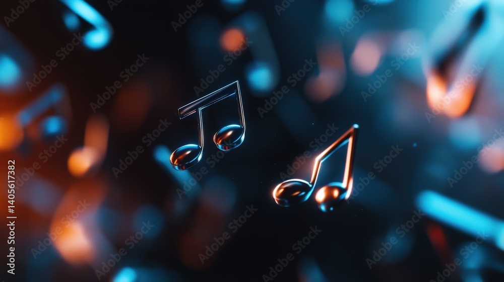 A high-resolution macro shot of shimmering metallic musical notes floating over a soft black background