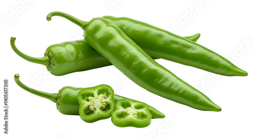 Fresh green chili peppers with some sliced to show seeds, arranged neatly on a white background looking spicy, fresh, and vibrant for cooking or seasoning dishes. photo