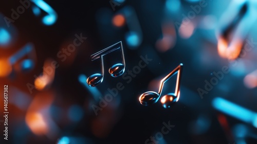 Obraz na płótnie A high-resolution macro shot of shimmering metallic musical notes floating over a soft black background w salonie