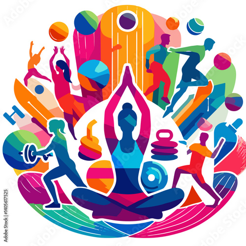 Vibrant illustration of fitness, yoga, and sports activities featuring diverse athletic figures