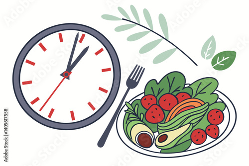 101 Clock face, plate, fresh vegetables, fruits, intermittent fasting concept, healthy eating, time-restricted feeding, colorful produce, nutritious diet, fork and knife, circular composition, white b