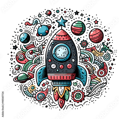 Colorful retro rocket ship illustration surrounded by planets and cosmic elements