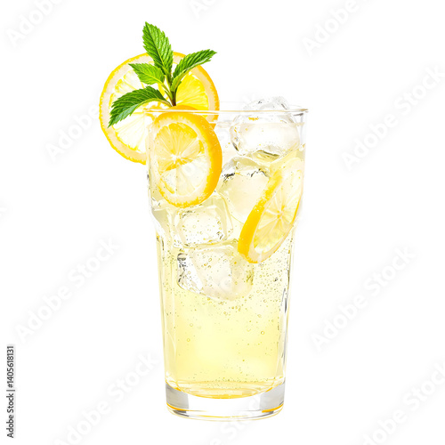 Refreshing iced lemonade with lemon slices and mint garnish isolated on transparent or white background. Perfect for summer drink illustrations and beverage menus