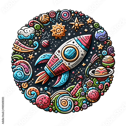 Colorful rocket ship illustration surrounded by planets and cosmic elements in a whimsical style