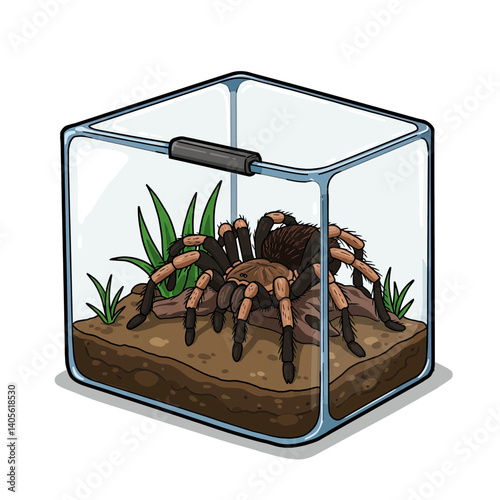 Tarantula in Terrarium: A detailed depiction of a tarantula, resting amidst its habitat within a transparent terrarium, inviting exploration of its unique environment.