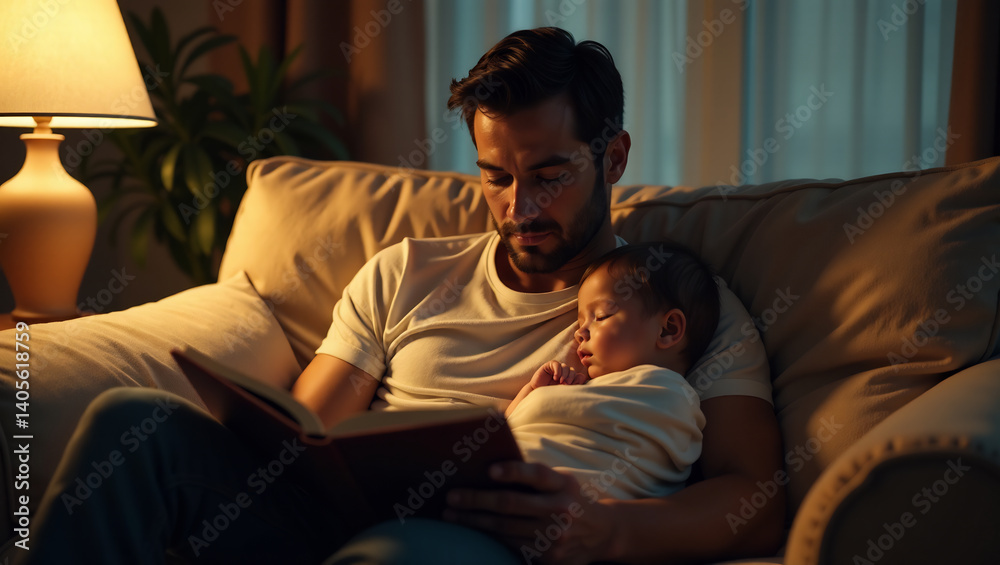 Obraz premium Cozy Evening Scene: Dad Reading to Older Child While Baby Naps Securely on His Chest