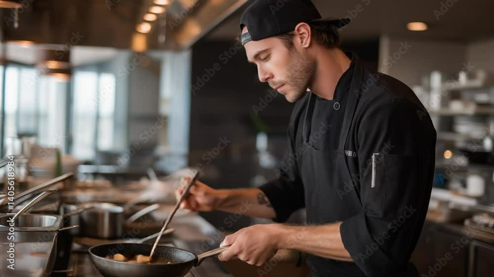 Expert chef showcases precise sauté skills in a professional kitchen setting. Expert chef showcases precise sauté skills in a professional kitchen setting.