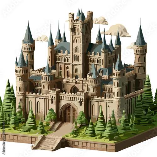 Intricately designed fairy-tale castle surrounded by trees and soft clouds in a vibrant landscape