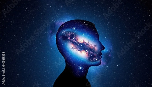 Cosmic Mind: A Profile Silhouette Filled with a Vibrant Galaxy Against a Starry Night Sky