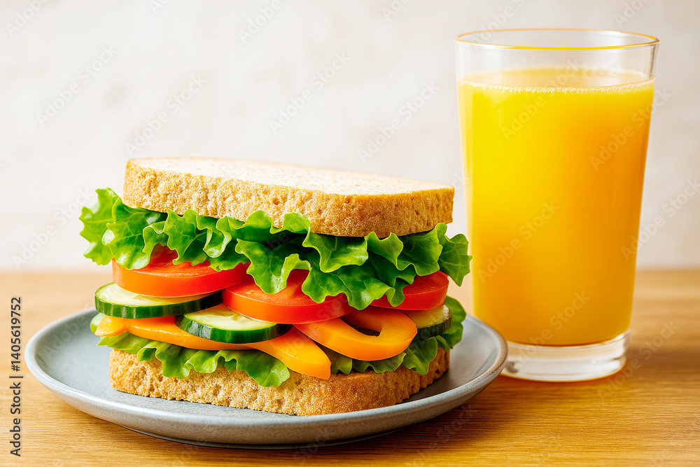 Fresh vegetable sandwich with lettuce, tomato, cucumber, and bell pepper served on a plate beside a glass of orange juice on light background.