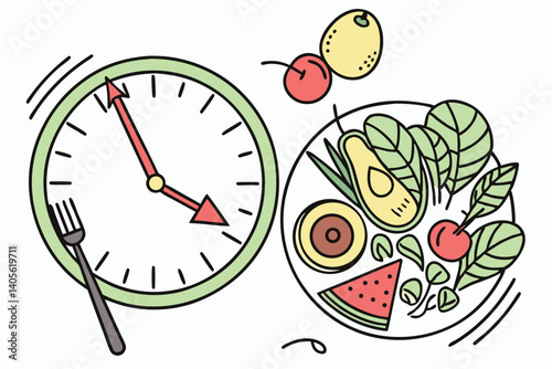 101 Clock face, plate, fresh vegetables, fruits, intermittent fasting concept, healthy eating, time-restricted feeding, colorful produce, nutritious diet, fork and knife, circular composition, white b