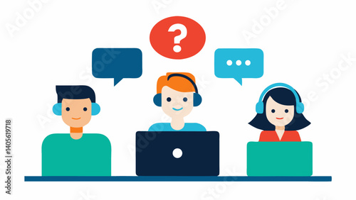 Illustration of helpdesk representatives providing solutions and assistance to customers with common questions perfect for tech support and service use