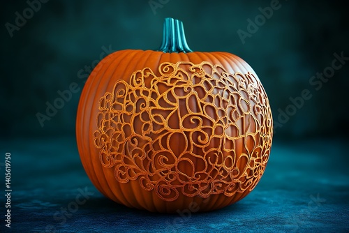 Intricate Halloween pumpkin with lace-like designs against an elegant dark teal backdrop. photo