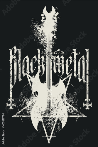 Vector music banner with words Black metal writing Gothic font, with electric guitar and inverted crosses on black background. Can be used for flyers, posters, t-shirt design, music cover