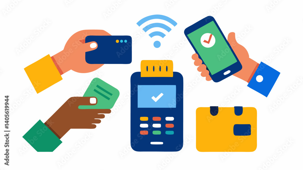 Fototapeta premium Hands of people from different backgrounds making wireless payments with credit cards ideal for e commerce and modern banking related designs