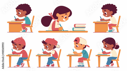 Classroom filled with school children and teachers working together on projects and assignments suitable for education content and school resources