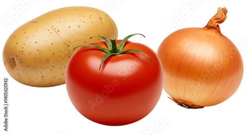 Fresh potato, tomato, and onion lying together on a clean white background looking natural, fresh, and essential for cooking meals, salads, and different recipes. photo