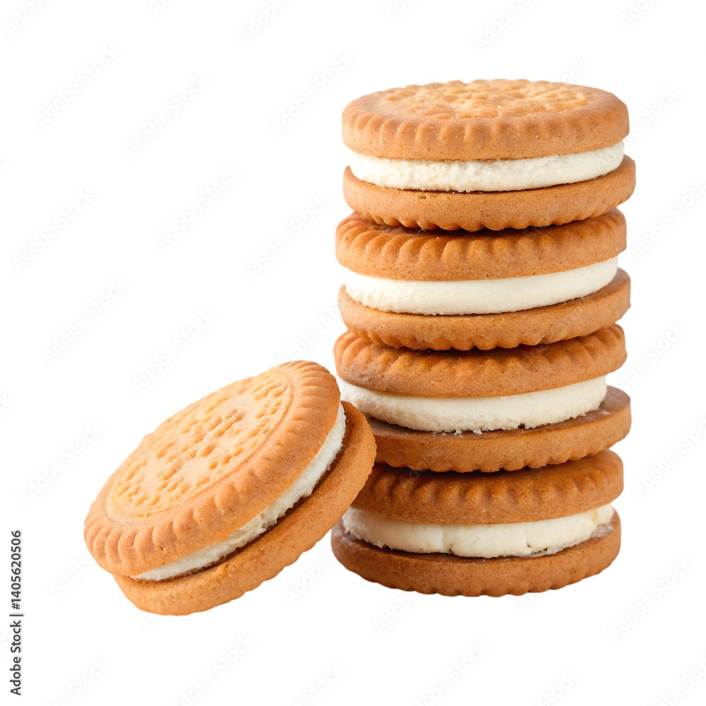 Cream Filled Cookies: Delicious Biscuit Stack on transparent background Cream Filled Cookies: Delicious Biscuit Stack on transparent background