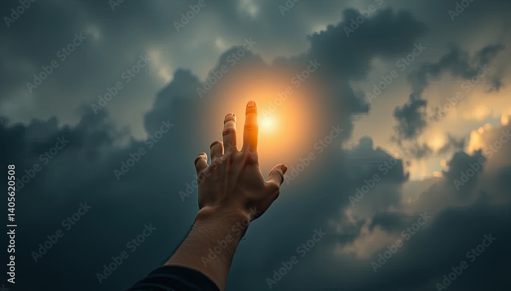 Hand Reaching for Golden Light Amidst Dark Clouds Hand Reaching for Golden Light Amidst Dark Clouds