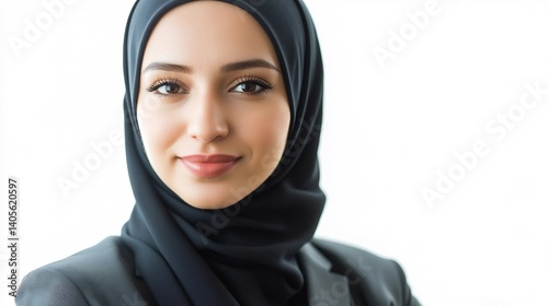 Close up portrait of hijab wearing flight attendant standing professionally with warm hospitality isolated white setting