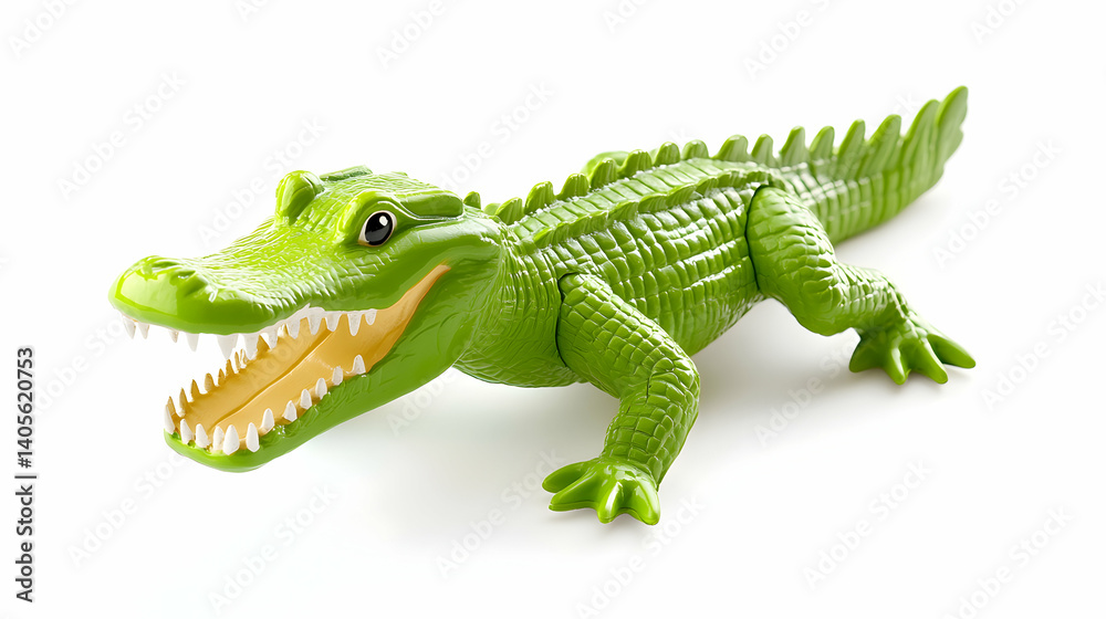 Fototapeta premium Green Alligator Toy Reptile on White Backdrop Predator Figure