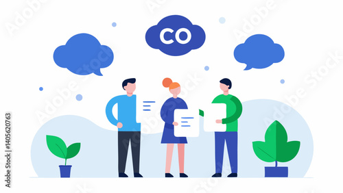 Conceptual illustration about carbon offset programs with characters planting trees and reducing emissions great for sustainability and climate content