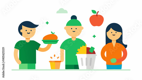Characters trying to prevent food waste with visuals of food loss and kitchen scenes ideal for sustainability and environmental conservation content