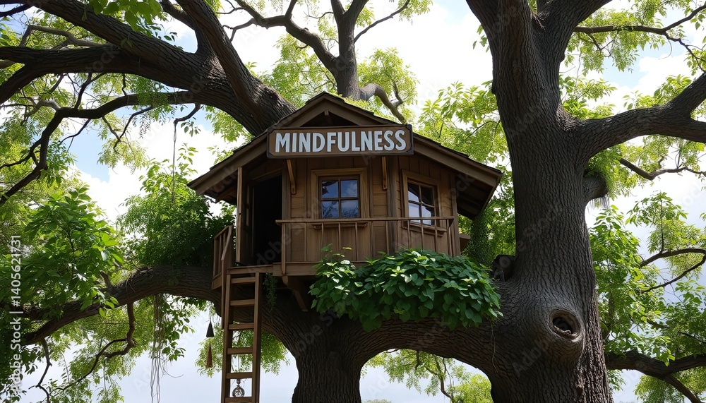 Mindfulness Treehouse nestled in lush green canopy Mindfulness Treehouse nestled in lush green canopy
