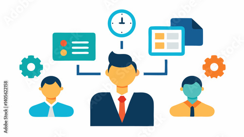 Business management illustration featuring characters involved in planning operations strategy ideal for leadership training and organizational design
