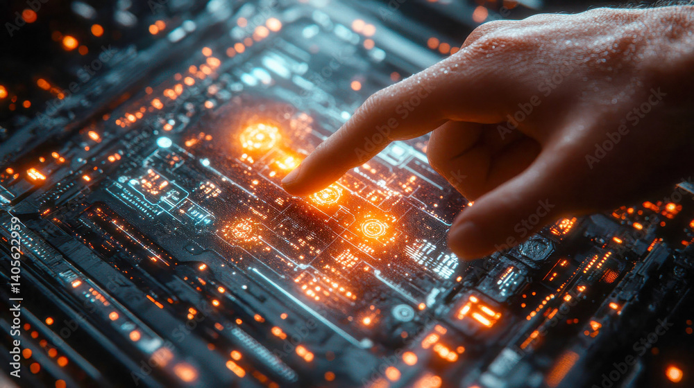 Close-up of a hand interacting with a futuristic holographic digital interface with orange and blue lights Close-up of a hand interacting with a futuristic holographic digital interface with orange and blue lights