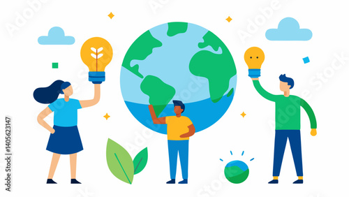 Character-based illustration promoting climate action and sustainability with visual emphasis on cooperation care and environmental preservation themes