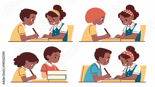 Energetic students participating in school lessons and fun educational activities designed for academic illustrations and classroom learning materials