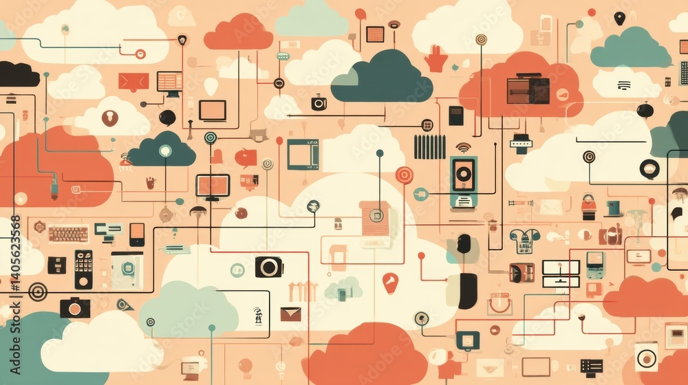 Naklejka premium Interconnected Cloud Computing Network: Pastel Tech Illustration