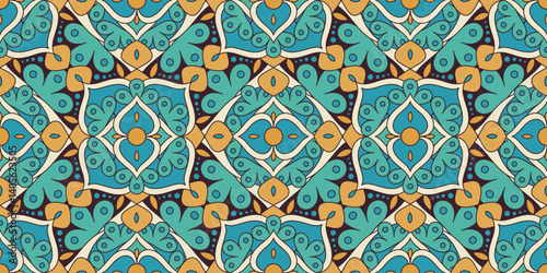 Seamless pattern with traditional Indian floral ornament for fabric swatch or wrapping paper. Vector abstract kaleidoscopic background