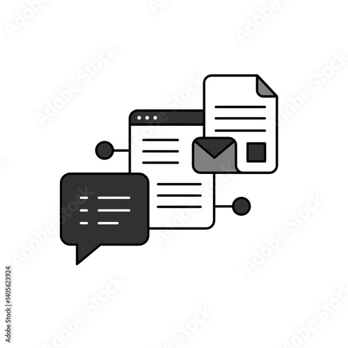 Digital Communication: A stylized, monochromatic illustration that captures the essence of digital communication. Portraying email, documents and messaging.